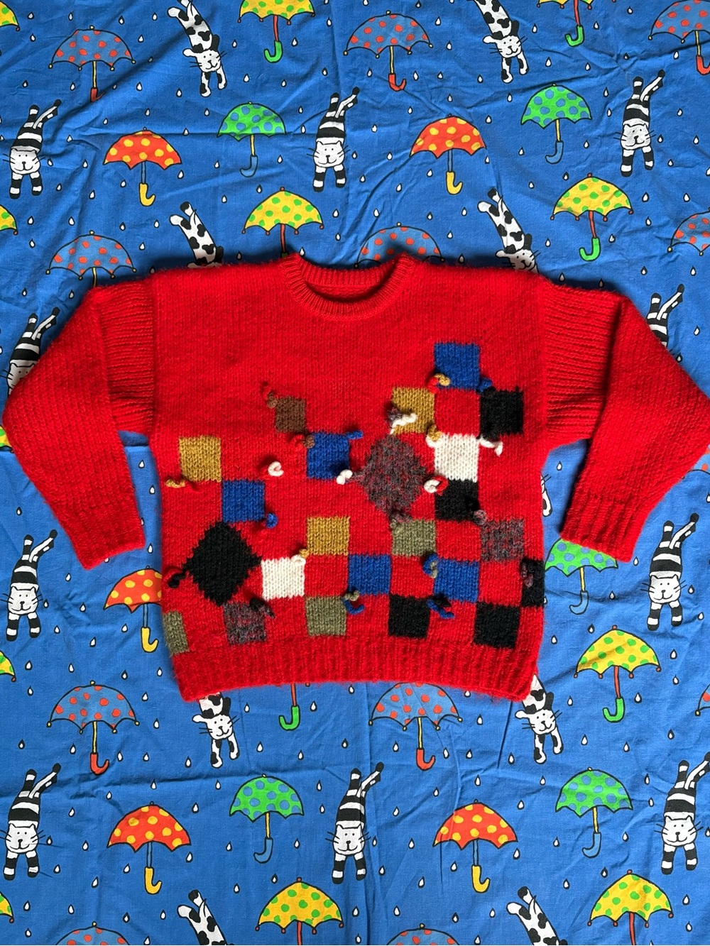 Vintage Handknit Red Wool Knit Sweater with Unique Funky Checker Texture Design
